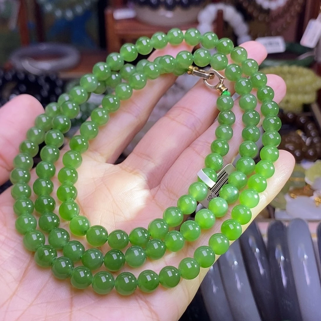 和田玉未镶嵌颈饰碧玉珠串约6MM冰底阳绿