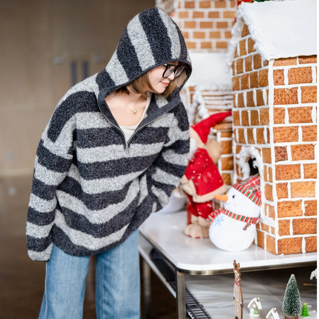 【阿蒙新款】条纹羊毛连帽衫绒感