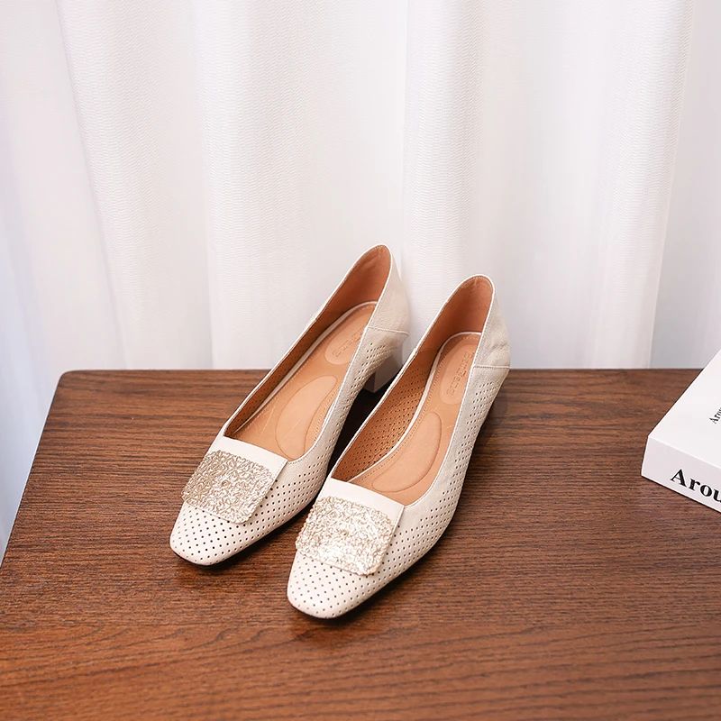 半坊手工女鞋|34-40|4.0cm|方头法式方头浅口金属真皮粗跟洞洞通