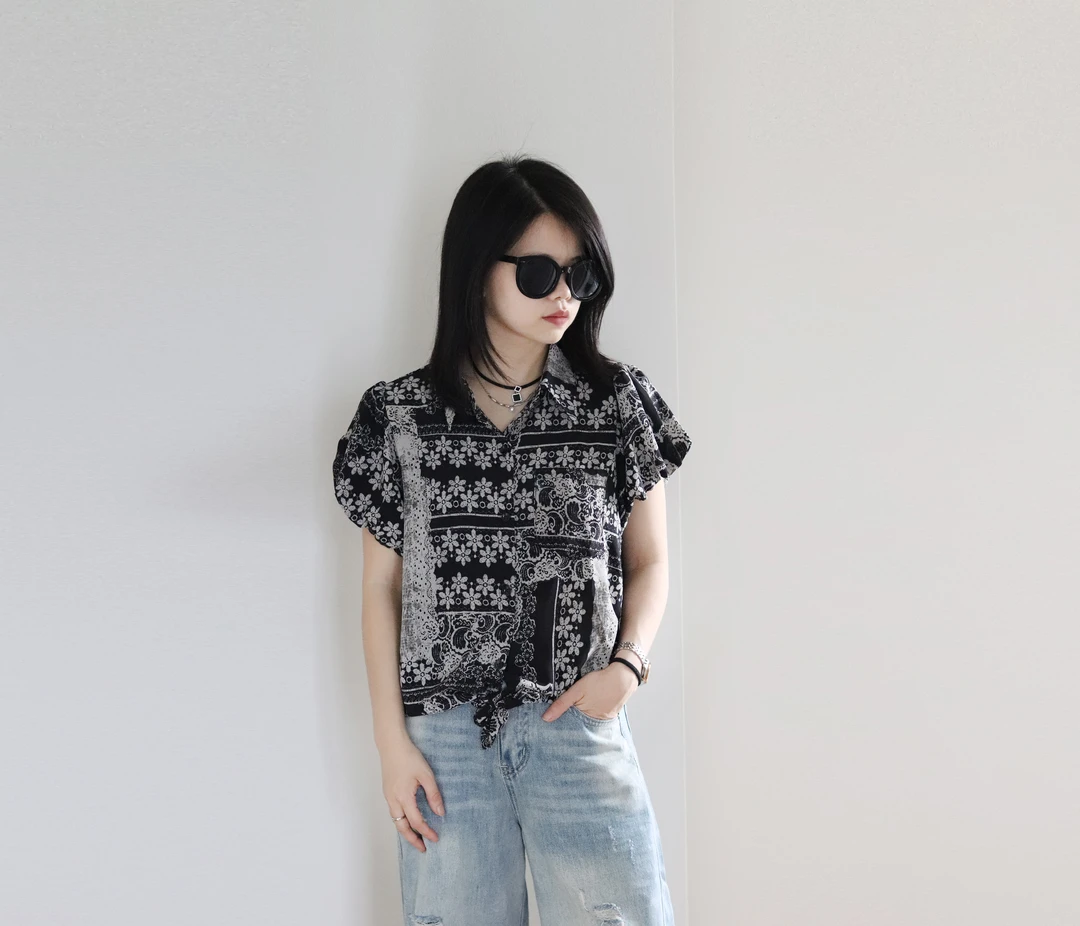 2025夏季新款雪纺衫气质时尚休闲复古国风宽松印花设计师女士上衣