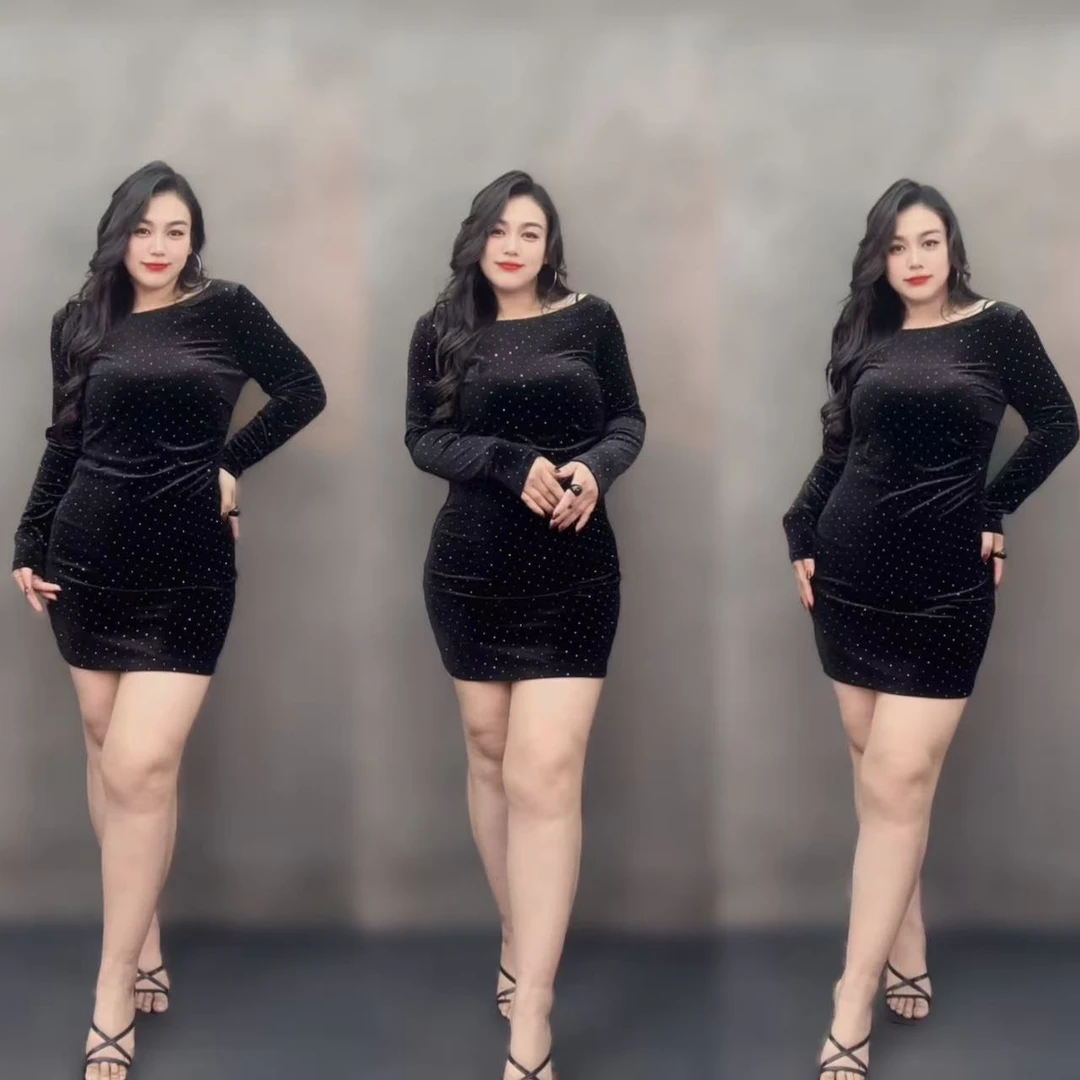 宋美人[洋气十足】大码女装新款性感露肩烫钻收腰显瘦包臀裙612