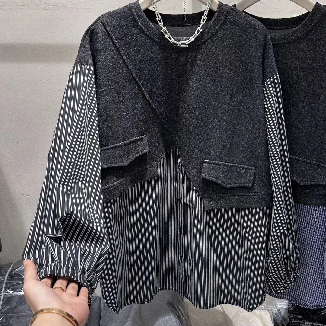 黑屿白/340 休闲拼接条纹中长款套头休闲衬衫潮流假两件百搭时尚