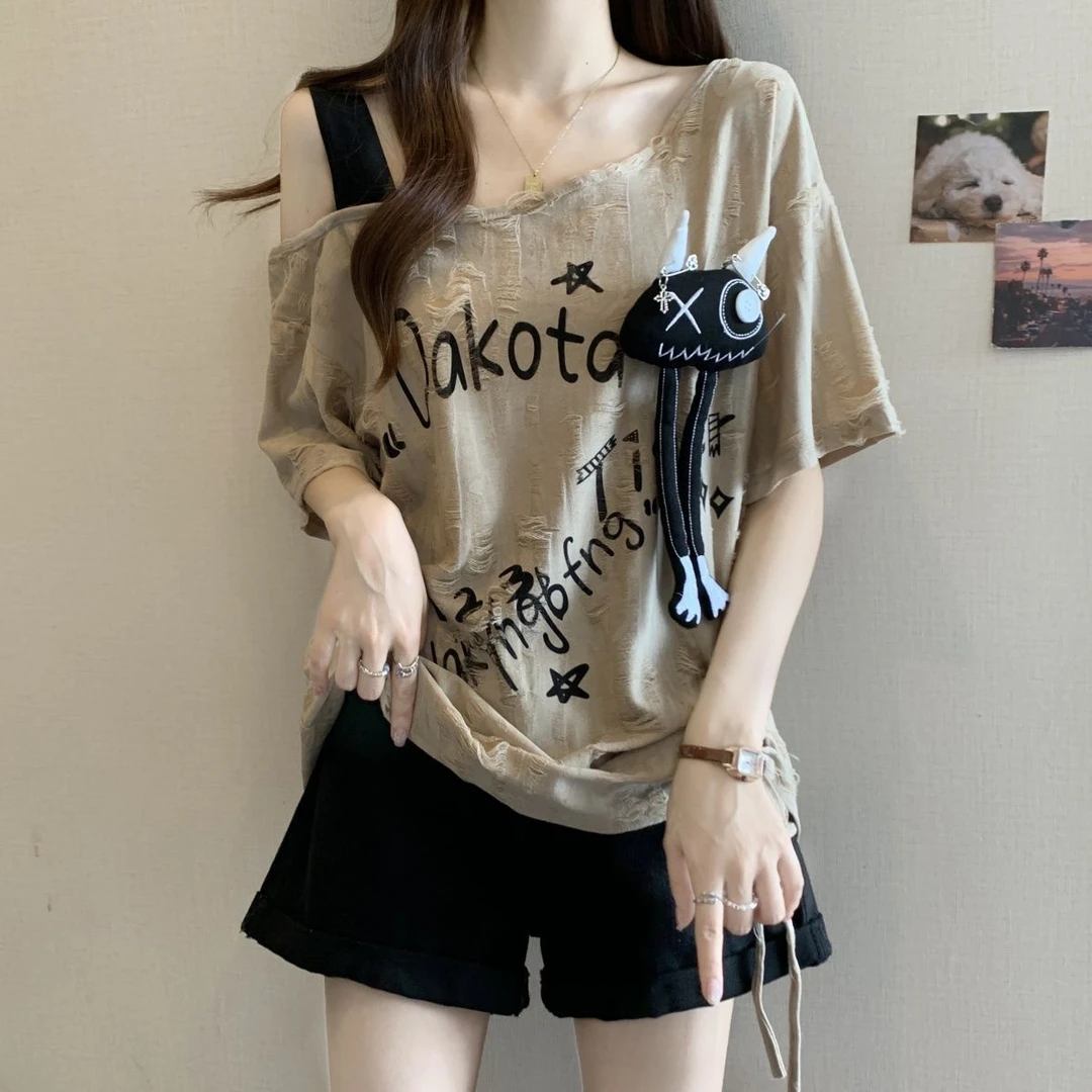 大码破洞抽绳褶皱露肩短袖t恤女夏新款胖mm宽松显瘦遮肉斜领上衣