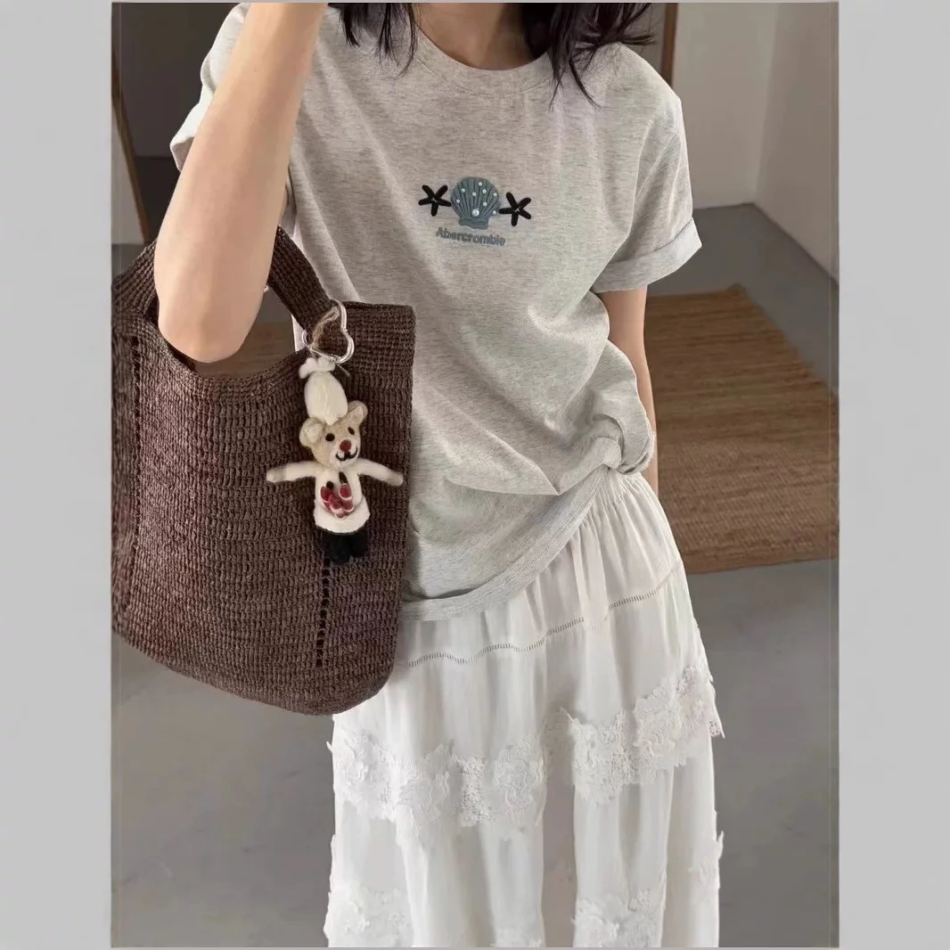 女士字母法式3D针织短袖潮流钉珠刺绣T恤圆领