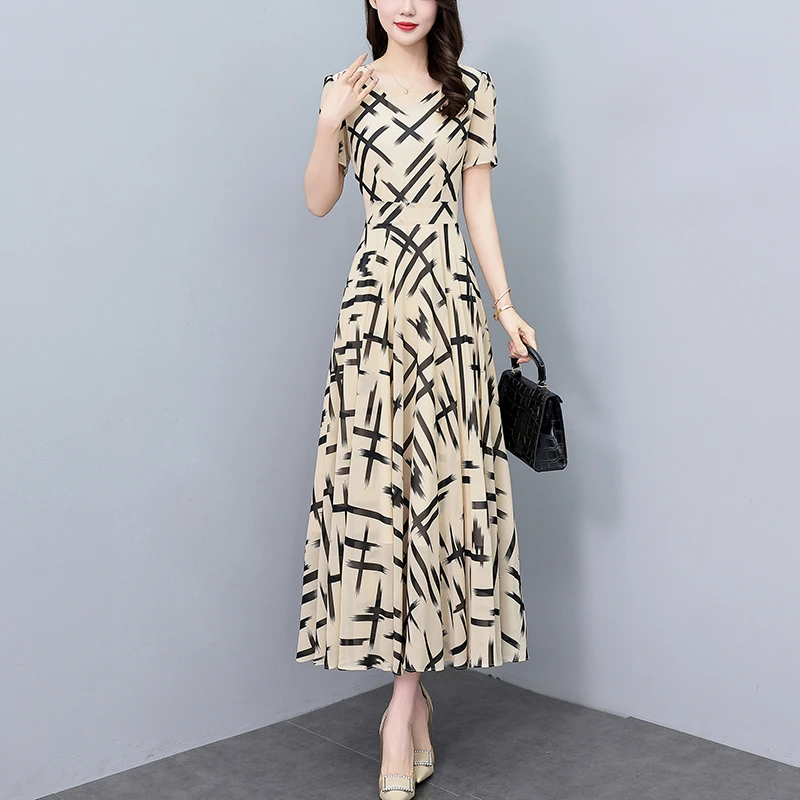 广州十三行裙子印花真丝连衣裙2025新款夏季长款洋气质修身长裙子