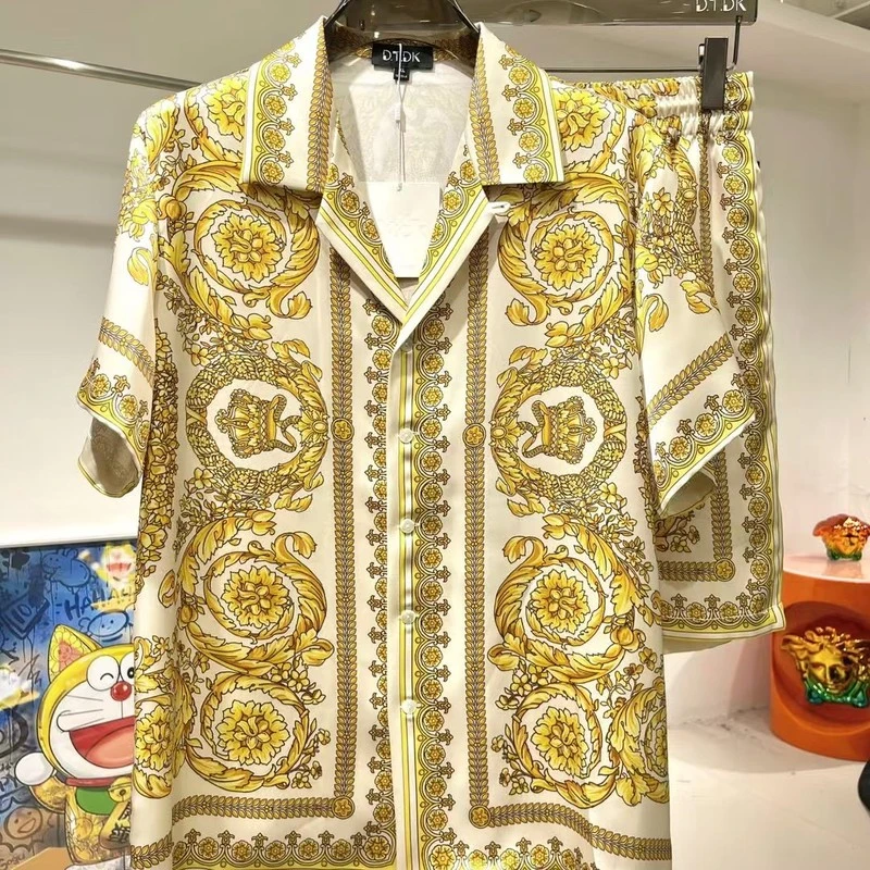 大牌男士夏季睡衣短袖薄款冰丝时尚奢华宽松翻领短裤家居服两件套