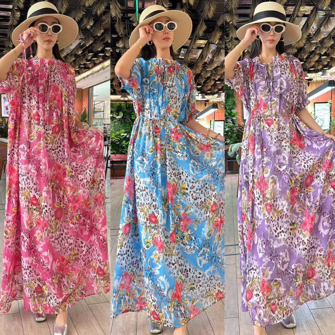 2087新款气质时尚彩色豹纹宽松长款碎花裙