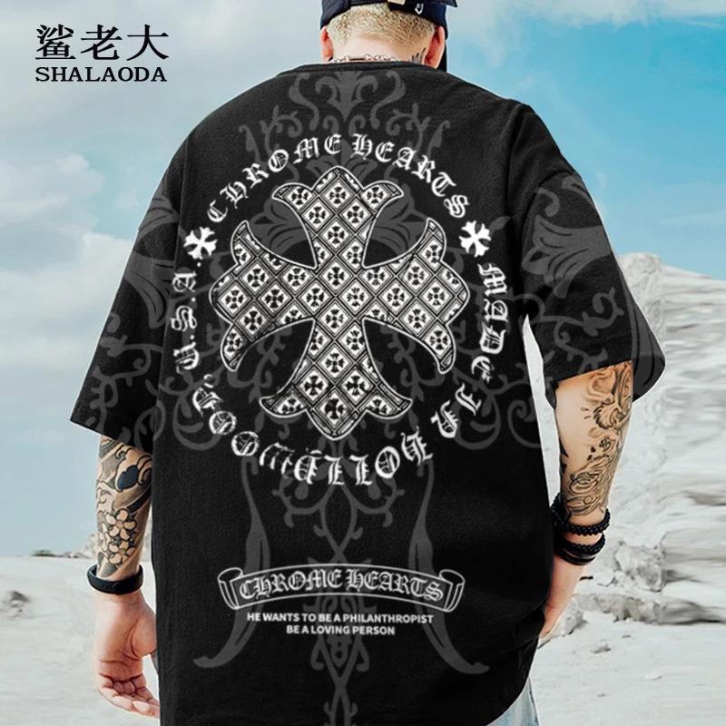 梵文十字架印花落肩短袖T恤男夏季薄款oversize休闲半袖圆领体恤