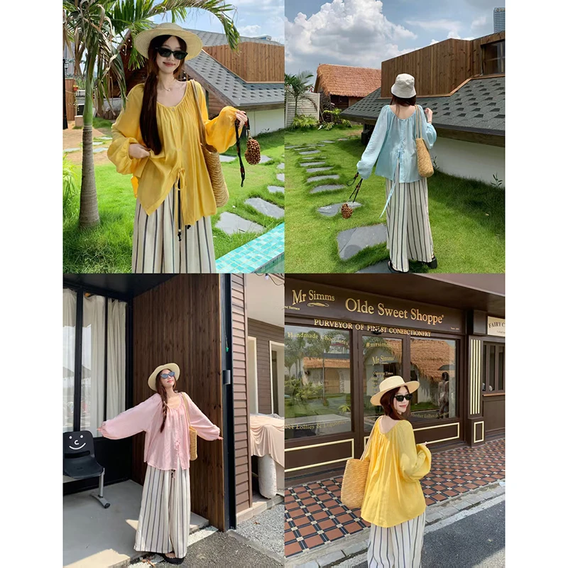 2025会呼吸的防晒清新轻盈感灯笼袖上衣女两面穿防晒小衫条纹裤