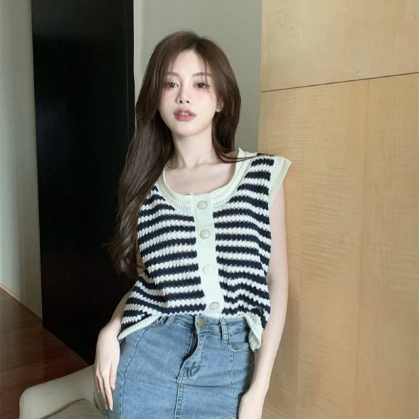 【工厂直销】设计感小众复古小香风马甲洋气背心独特夏条纹时尚上衣