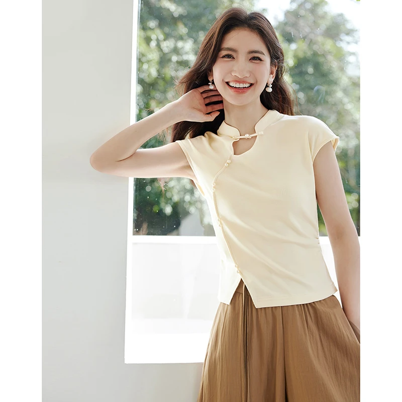 朗文斯汀珍珠扣不规则修身设计短袖小衫DTYX4204B03129