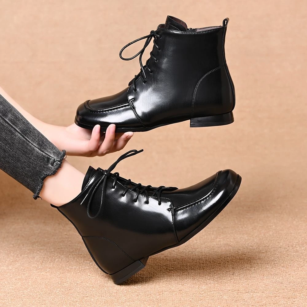 英伦风方头系带马丁靴女2025秋冬新款简约百搭侧拉链低跟软皮短靴