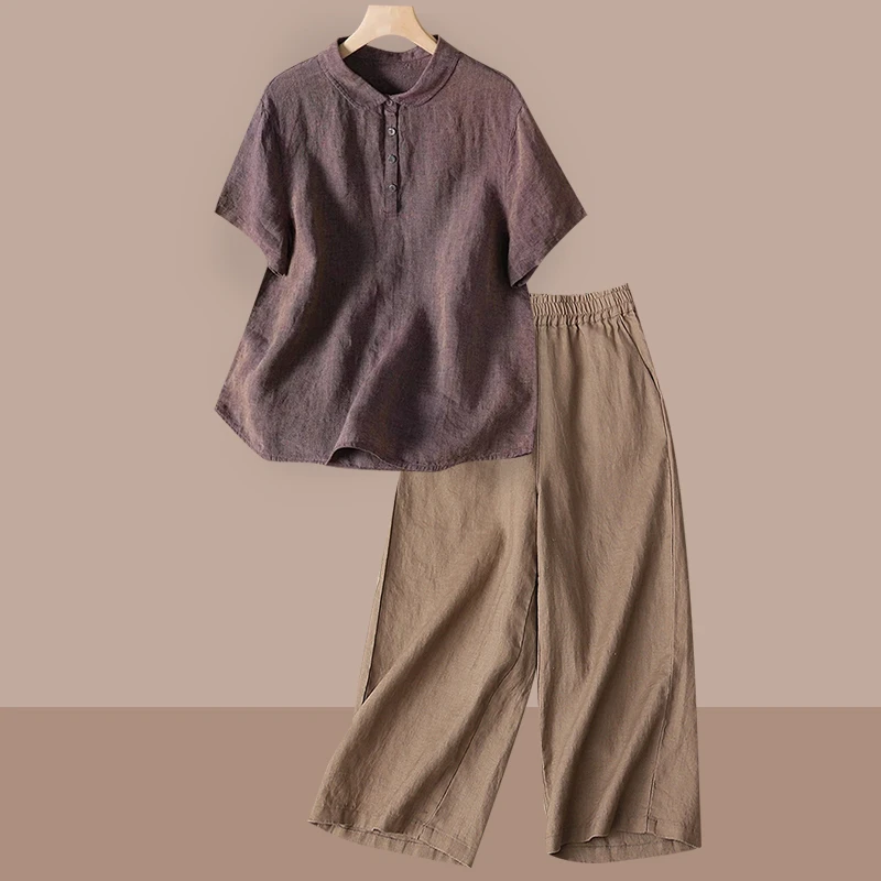 洋气复古苎麻衬衫套装女士2025夏新款妈妈高端亚麻短袖上衣两件套