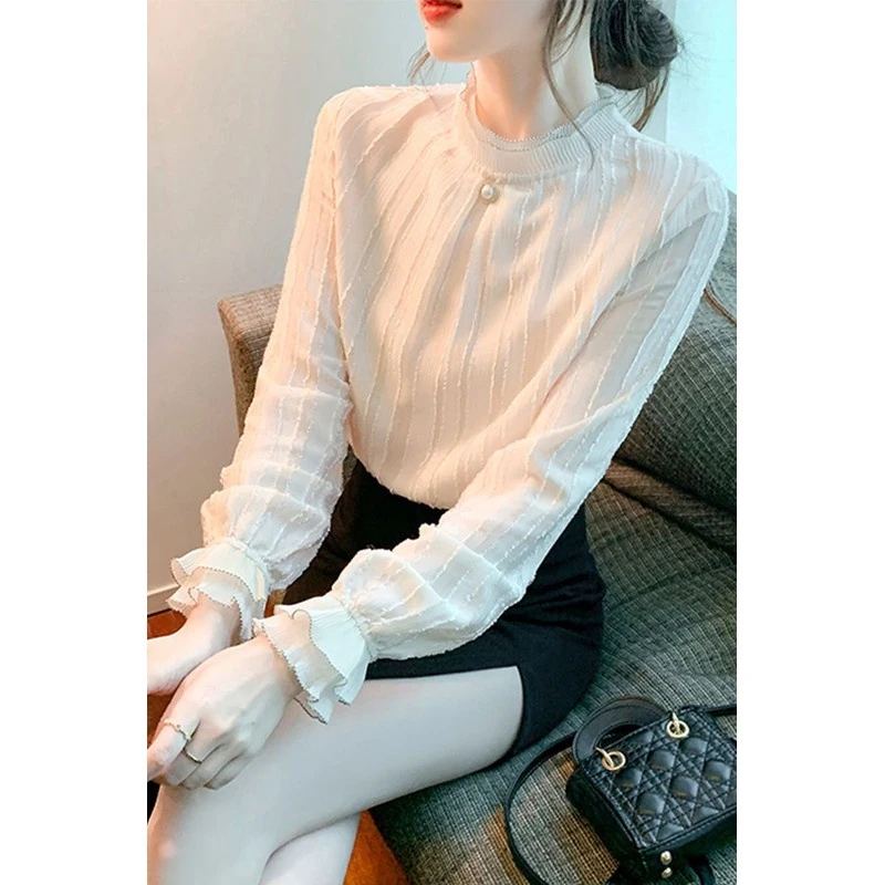 加绒加厚雪纺女时尚白色气质立领打底衫洋气木耳边蕾丝T恤小衫