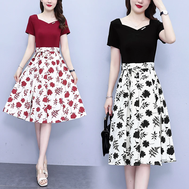 DA#6889 大码女装夏季新款法式气质高腰遮肚显瘦拼接假两件连衣裙