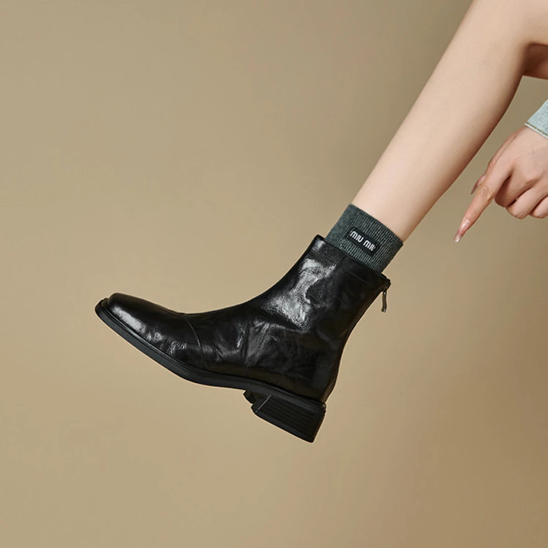 ins软到心坎！巨舒服~羊皮黑色方头短靴女瘦瘦靴粗跟马丁靴秋冬季