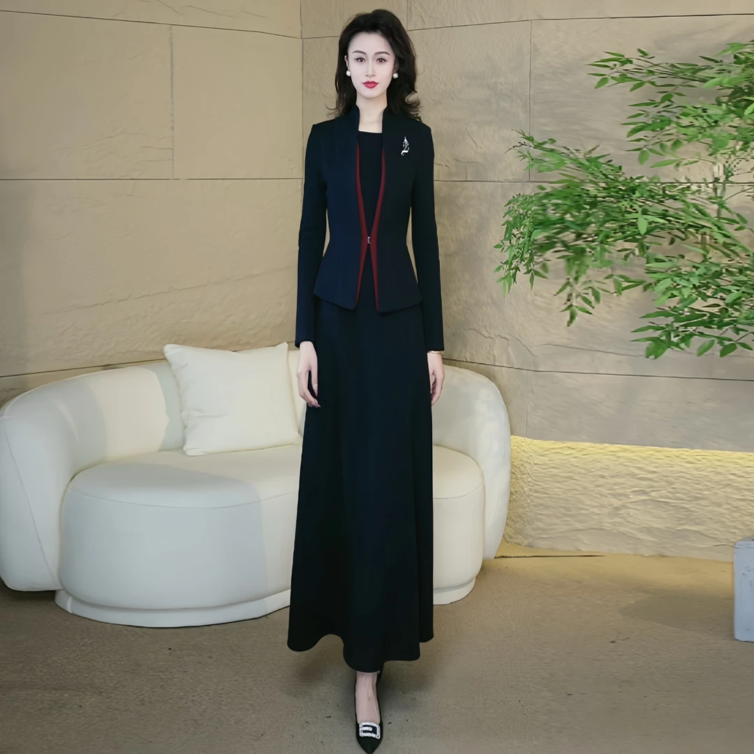 气质时尚假两件连衣裙2025初春新品修身收腰过膝超长裙3069