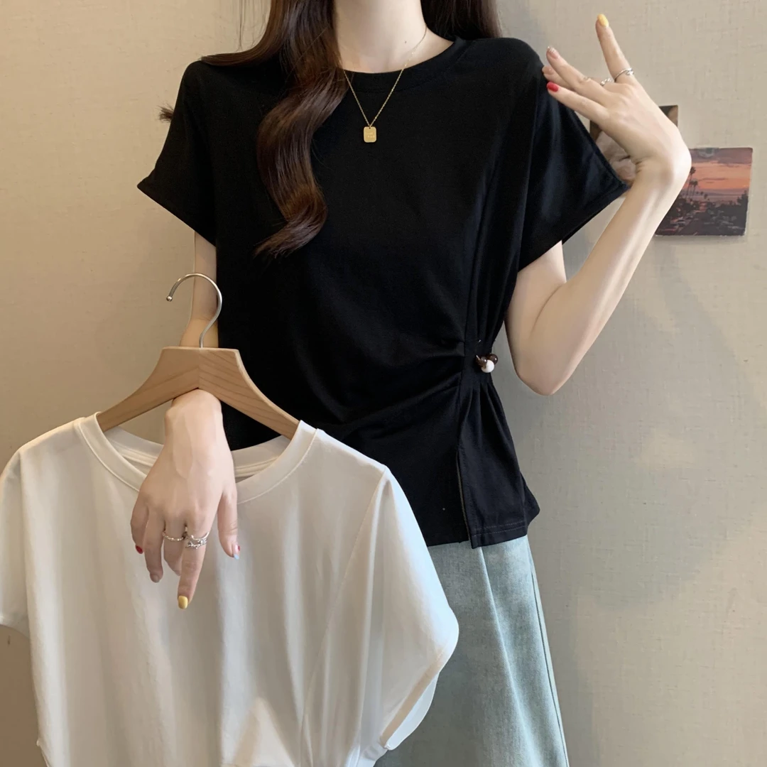 大码设计感钉珠掐腰褶皱正肩短袖T恤女夏季胖妹妹遮肚显瘦别致上