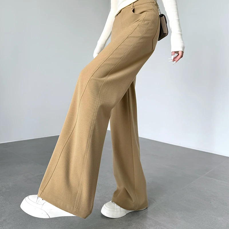 卡其色天丝阔腿牛仔裤女2025新款春秋直筒松弛感高腰垂感休闲裤子