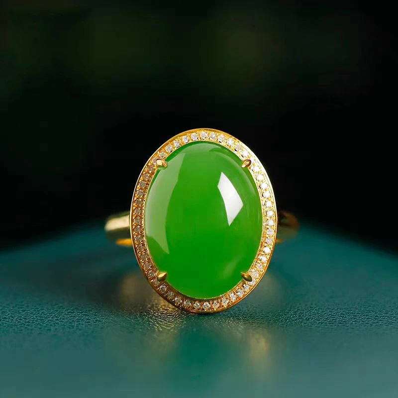 天然和田玉碧玉苹果绿18金k黄戒指女款简约大气百搭时尚玉质温润