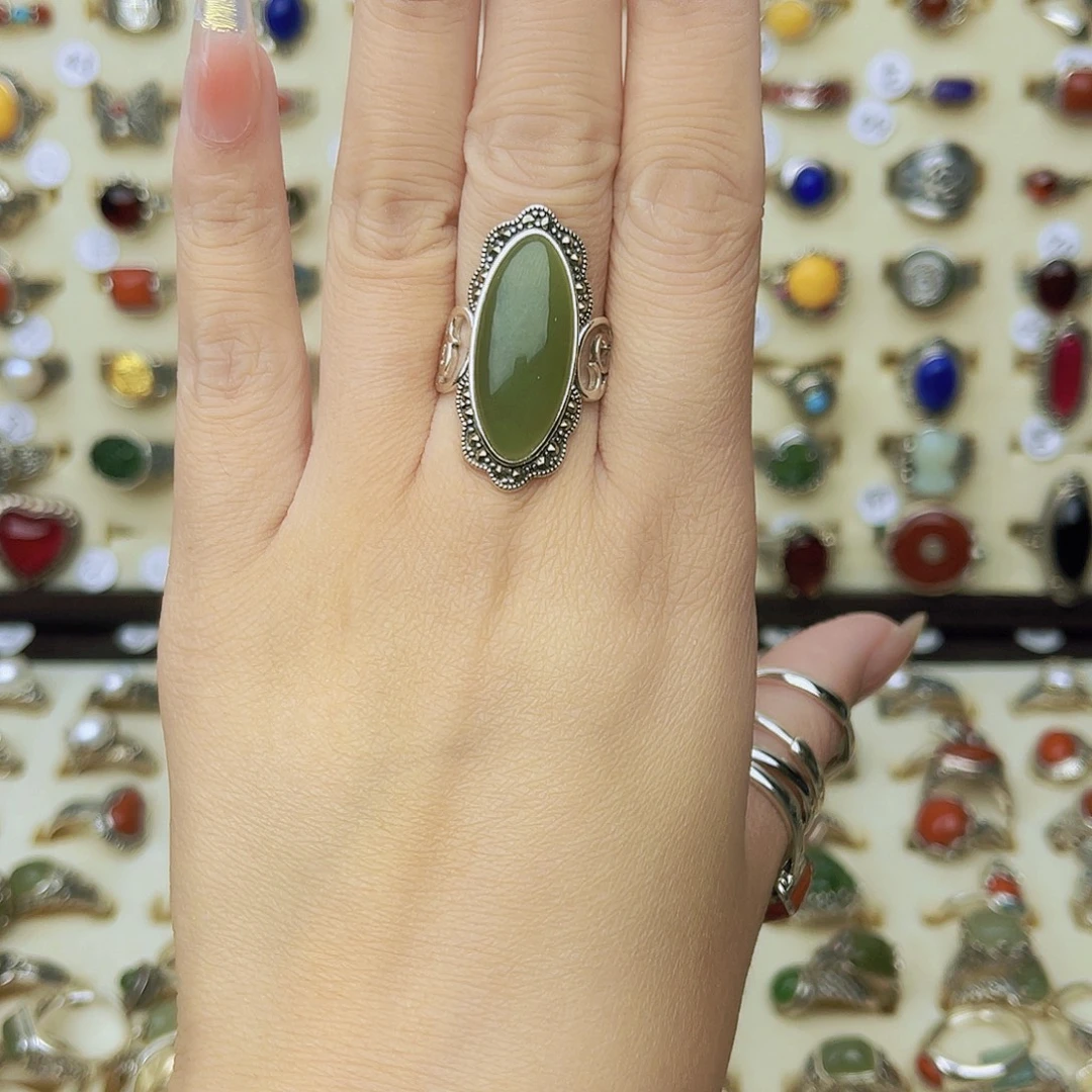 和田玉（糖玉）银S925镶嵌戒指