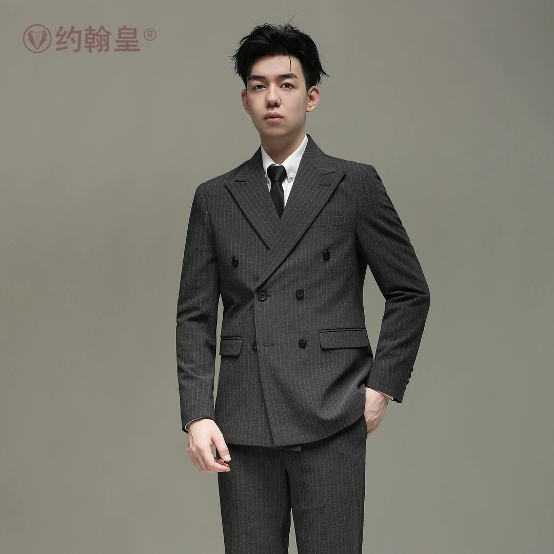 约翰皇商务休闲西服男条纹双排扣西装新款雅帅修身男士正装套装
