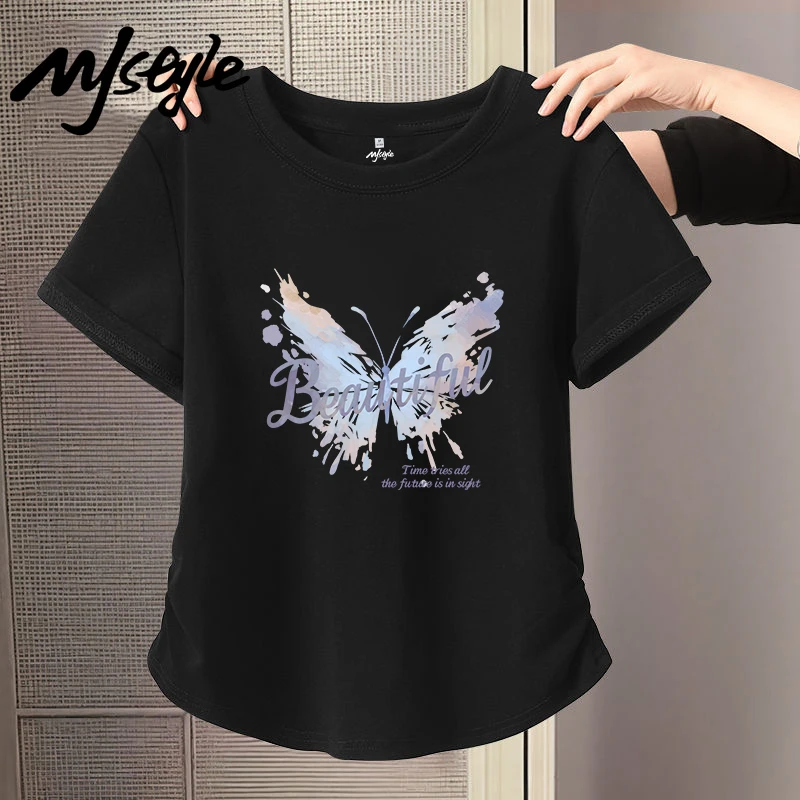 MJSTYLE五一旅游出街衣服正肩美式修身收腰褶皱短袖t恤女减龄上衣