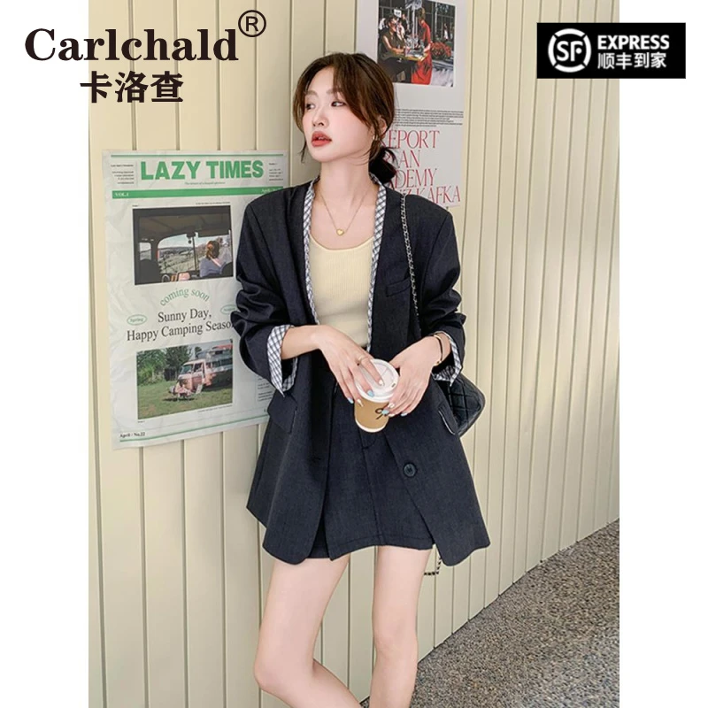 CARLCHALD卡洛查灰色西装外套初秋穿搭轻奢短裙套装女时尚气质减
