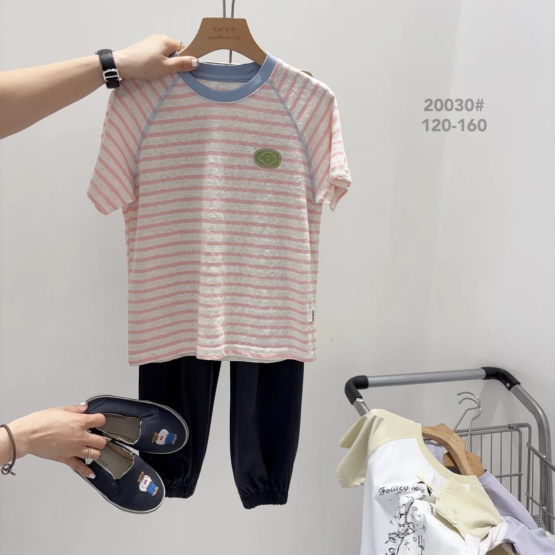【商超订单】夏季儿童排湿透气不闷汗中大童圆领插件袖条纹T恤 030