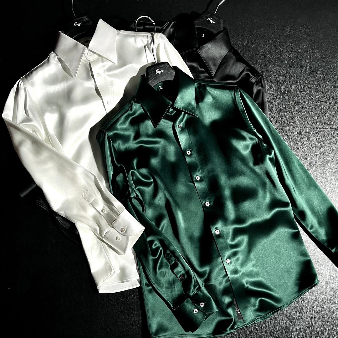 DD【黑标】50姆米重磅醋酸男士衬衫#C8808意式领贝壳扣丝滑凉爽套装