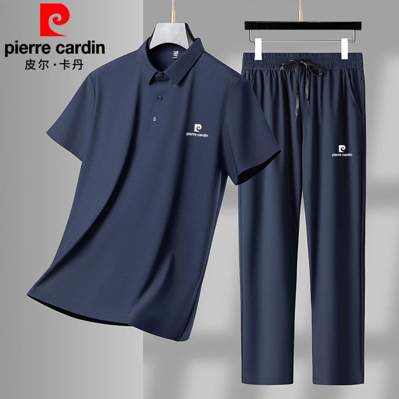 皮尔卡丹男士桑蚕丝休闲运动套装夏季冰丝短袖宽松丝滑薄款T恤潮