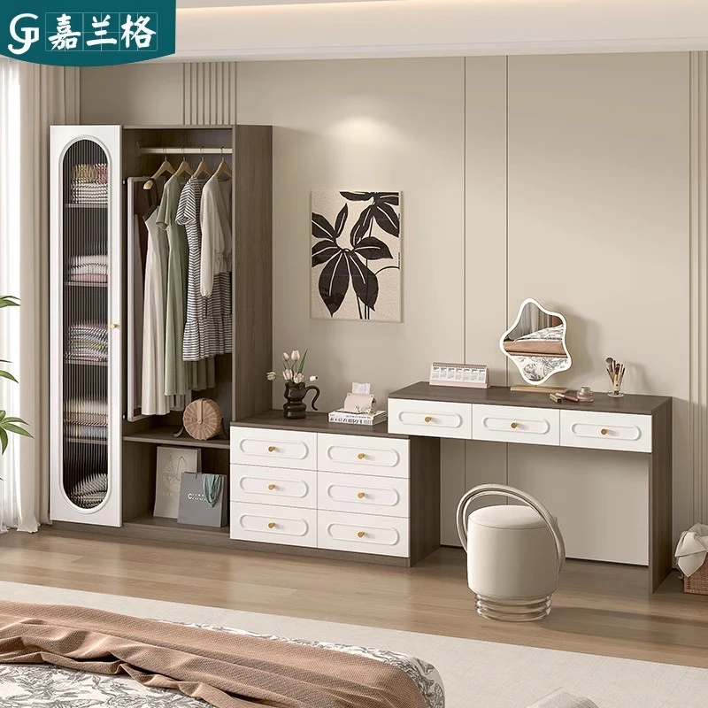 中古风床尾柜斗柜妆台一体挂衣架小户型衣帽架卧室收纳衣柜子9A73