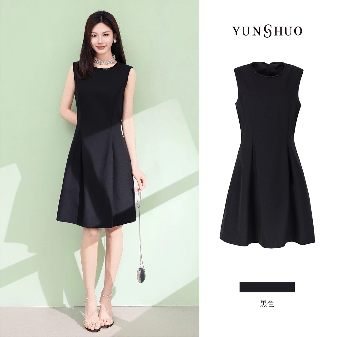 允硕新品时尚miu系黑色圆领气质伞裙高腰遮胯轻奢连衣裙565072