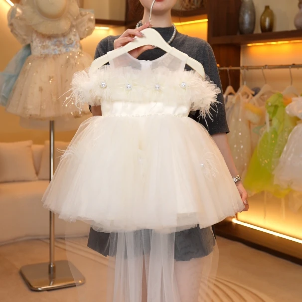 【现货】春夏季新款儿童羽毛公主裙女童珍珠连衣裙蓬蓬纱裙演出时尚