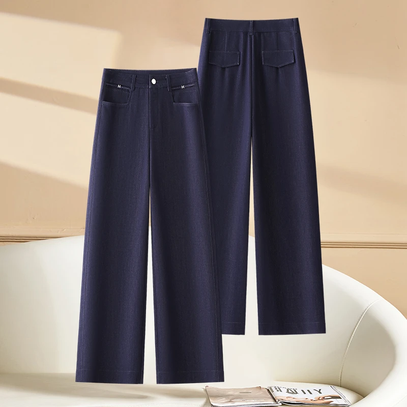 2025春季新款阔腿仿牛仔裤女高腰直筒春秋中年妈妈休闲裤垂感裤子