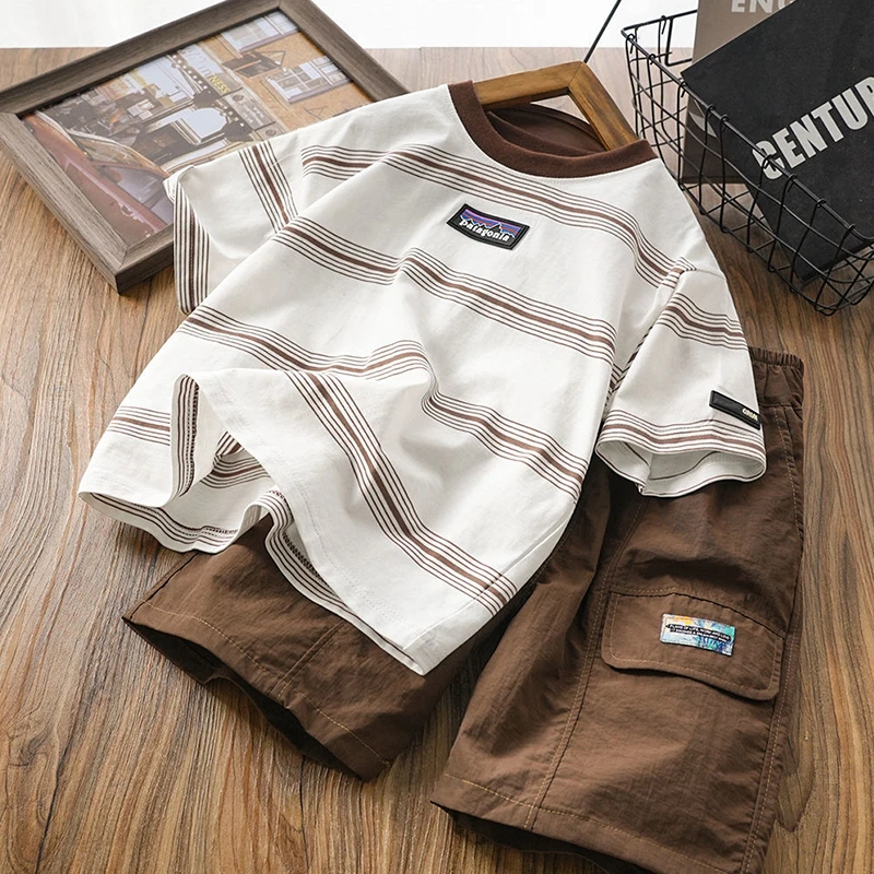 男童夏装套装中大儿童棉条纹短袖男孩宽松休闲夏季T恤短裤两件套