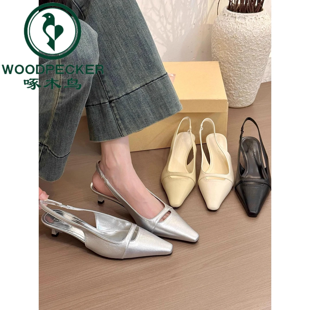 啄木鸟气质方头镂空包头后空凉鞋女春季新款2025通勤时尚猫跟凉鞋