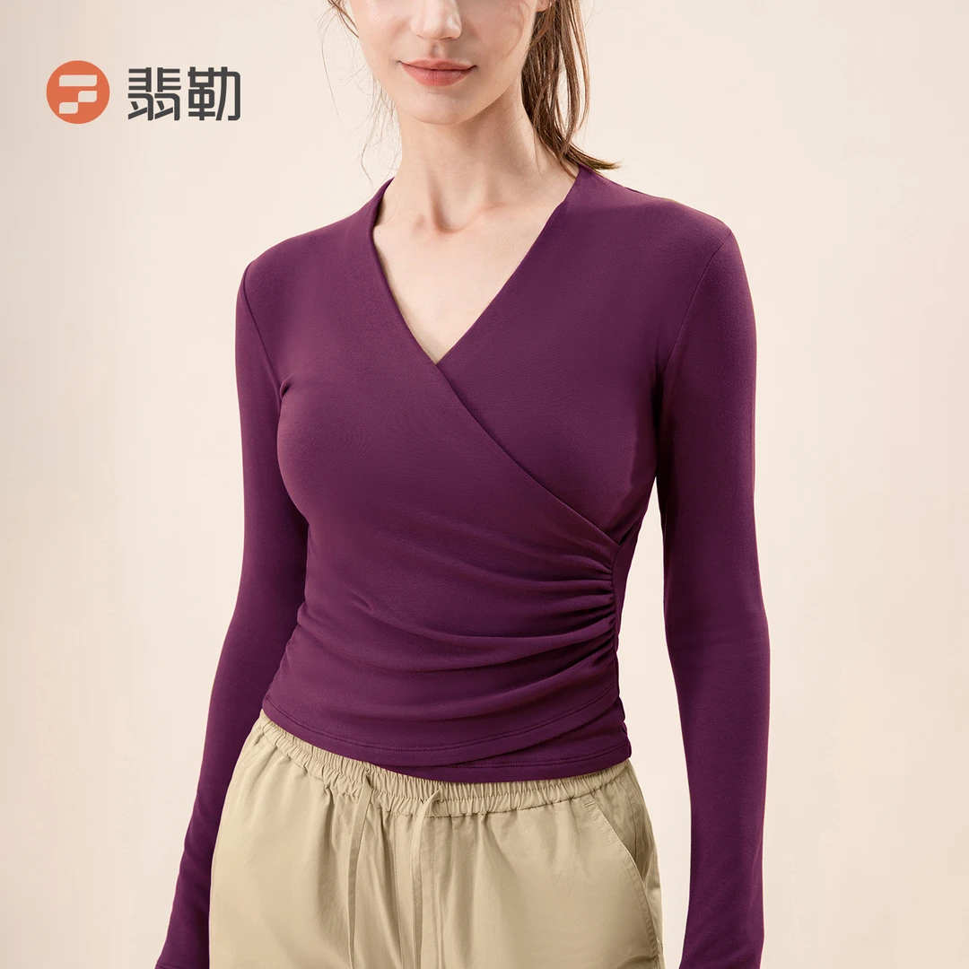 Fieder/翡勒FL-SYZ578褶皱收腰显瘦运动健身瑜伽v领交叉紧身上衣