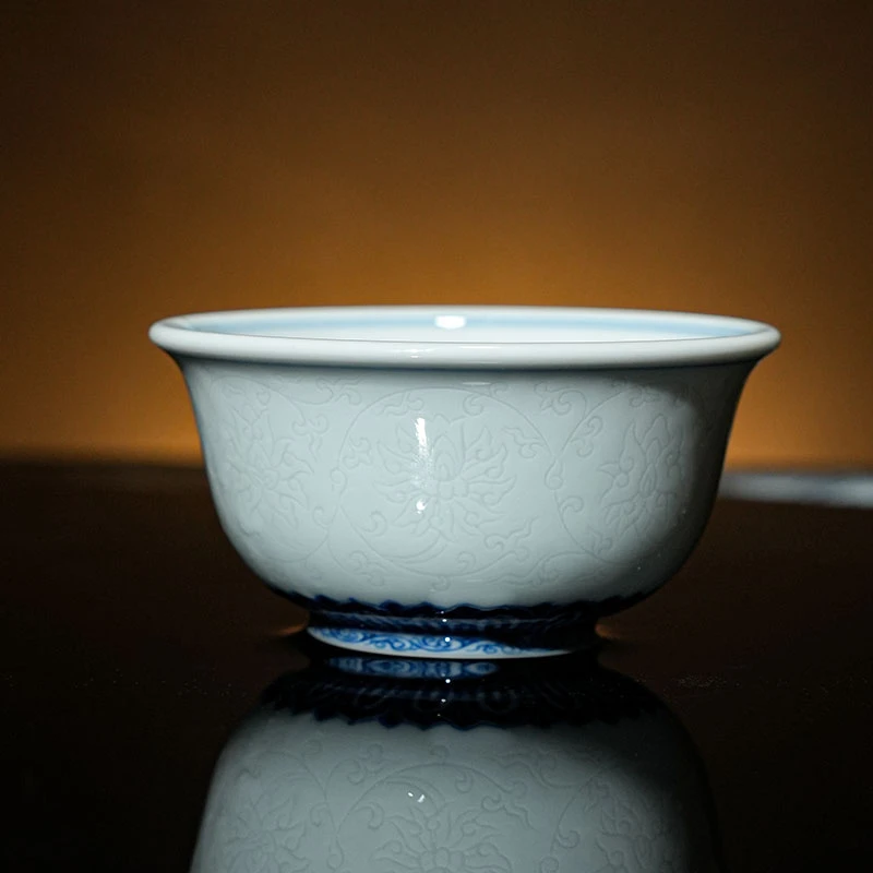 【潮爸小龙哥专属】墨舍名窑 快雪时晴暗刻缠枝纹小压手杯陶瓷手绘