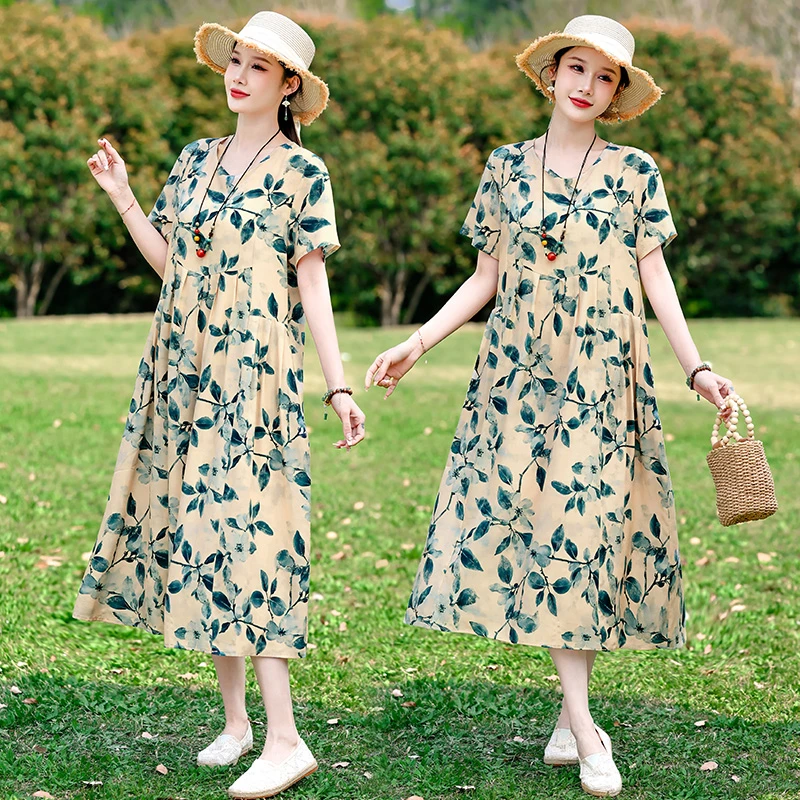 中老年女装夏季国风碎花妈妈装棉绸时尚圆领显瘦中长裙洋气运动风