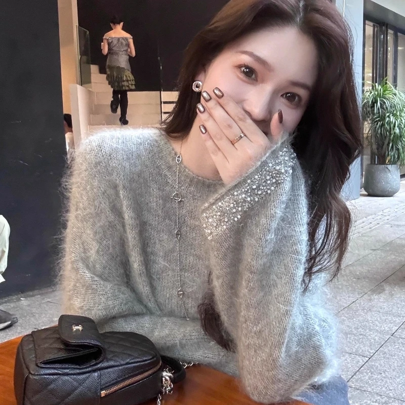 小众钉珠灰色外穿宽松套头毛衣女装秋冬慵懒风洋气软糯针织衫上衣