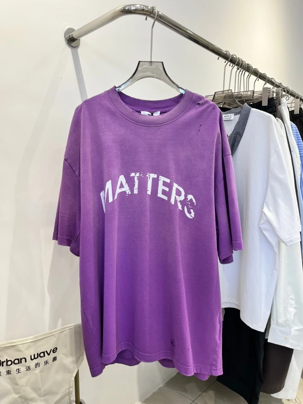 圆领短袖字母夏季破洞青年T恤大码上衣老钱风抽绳