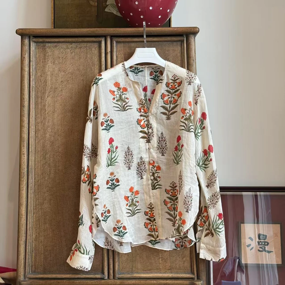 MYL 2025春夏新品苎麻提花衬衫翻领长袖单排扣衬衣V领宽松上衣