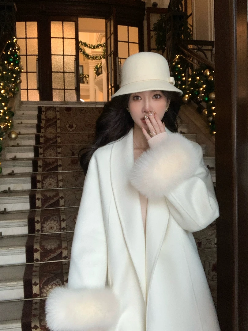 2024年狐狸毛双面羊毛大衣气质短款网红网红百搭时尚宽松