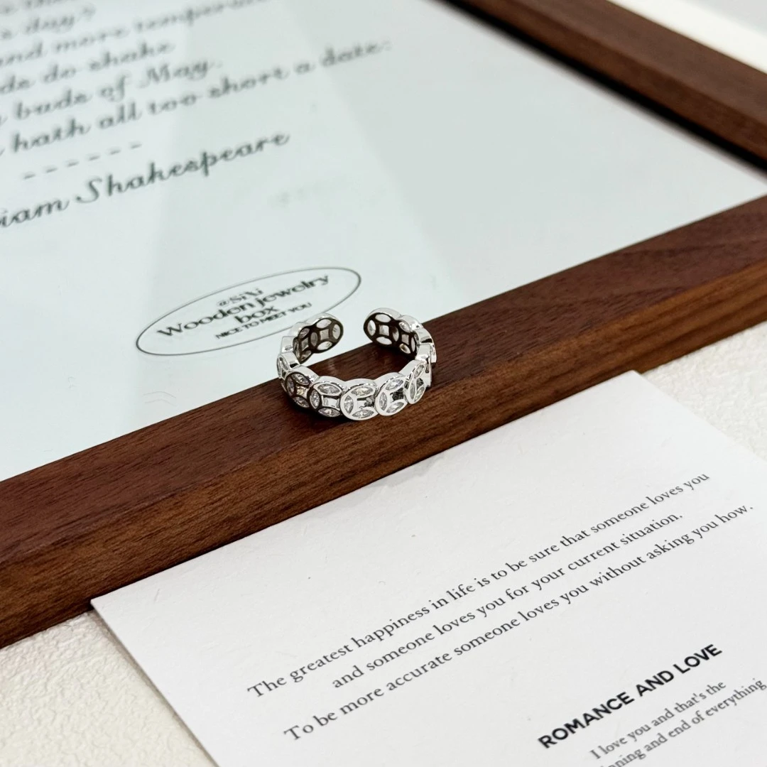 铜合金合成锆石戒指 D-51新中式银色满钻钱多多开口戒