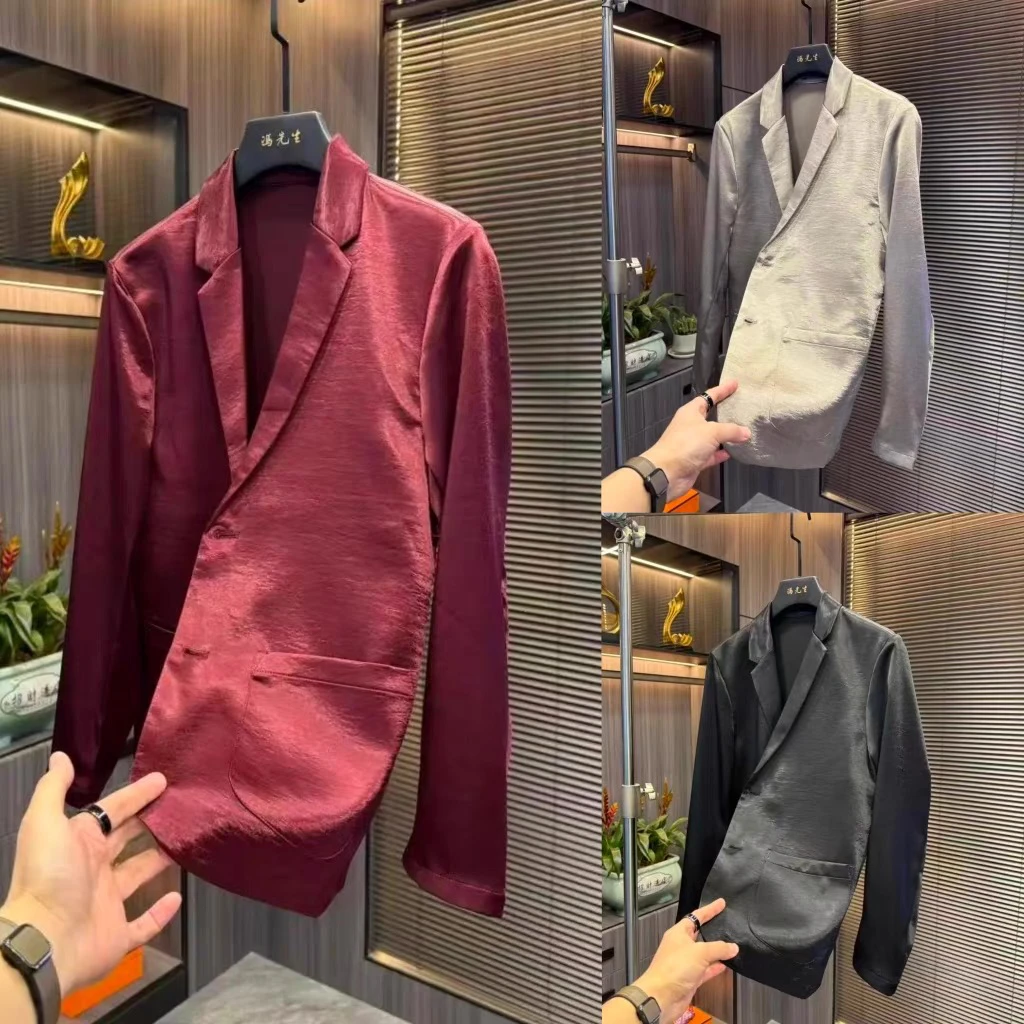 2025夏季新款醋酸薄款百搭纯色商务休闲透气修身免熨男士西服