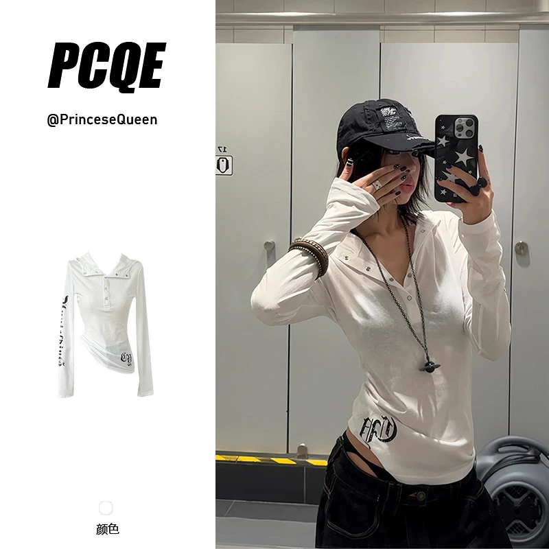 纯欲辣妹风v领修身显瘦长袖T恤女春秋季辣妹设计感微透打底衫上衣