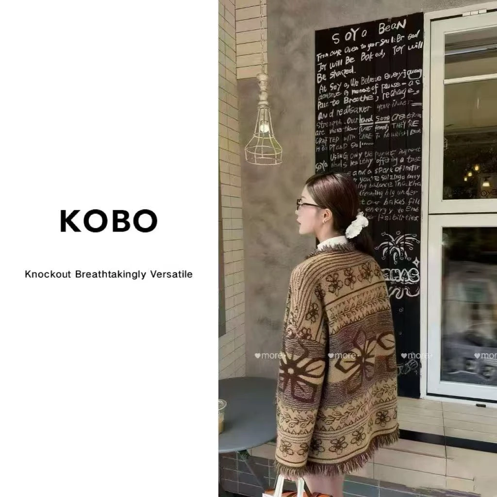 【淡绒栖风]复古提花流苏中长款长袖针织外套