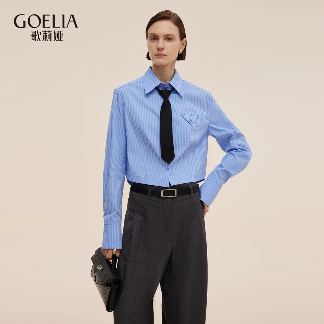 歌莉娅2025新款条纹垫肩衬衫配领带商务通勤学院风高级1E9C3E040