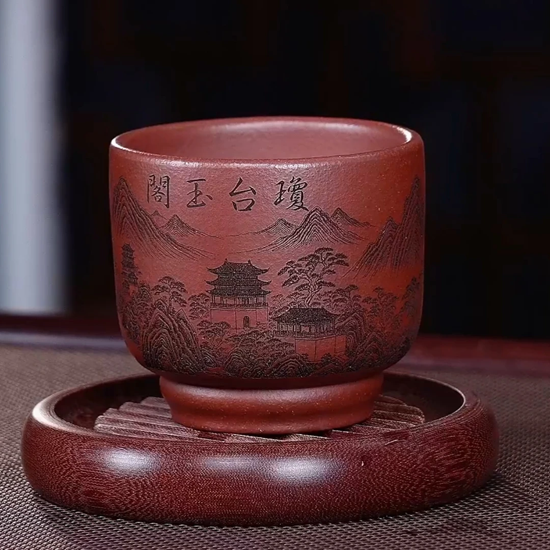 原矿紫砂  手工主人杯 龙血砂 精雕细刻 楼 楼台玉阁